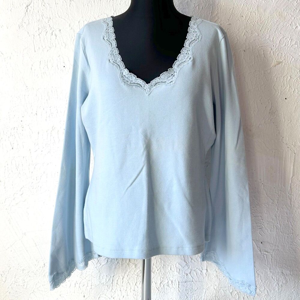 Express Lace Trim Stretch Knit Top Women's XL Light Blue V Neck Long Sleeve